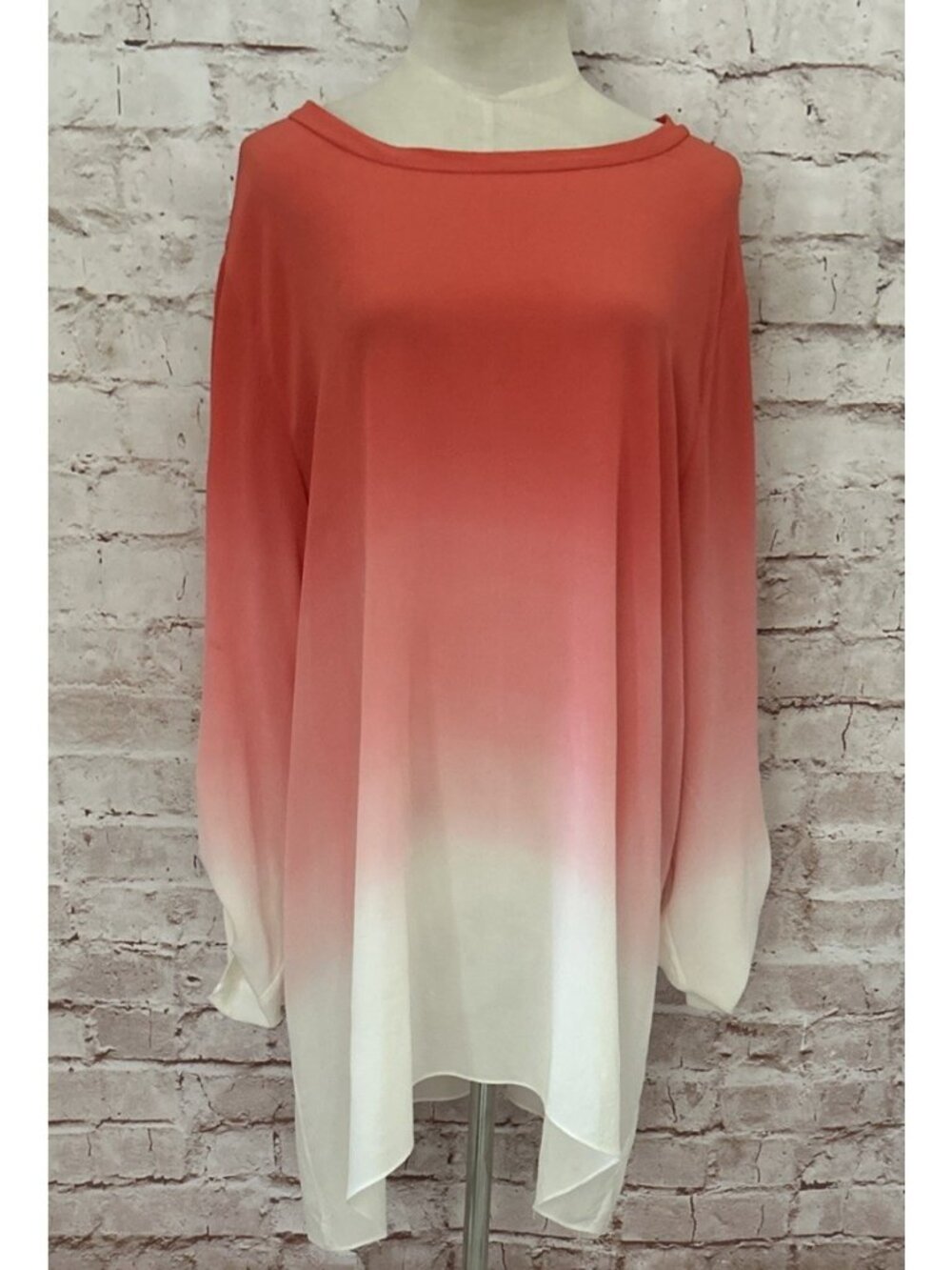 Soft Surroundings 100% Silk Tunic Blouse Roll Tab Sleeve Ombré Coral Pink XL